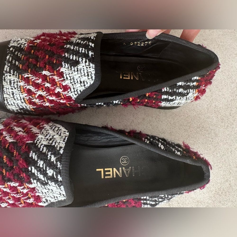 Chanel CC Logo Leather Cap Toe Multicolor Tweed Flat Loafers EU 38 US 7-7.5 - Picture 5 of 11